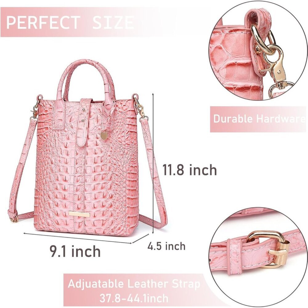 Women's Pink Crocodile Vegan Leather Tote Bag With Shoulder Strap - Picture 4 of 7